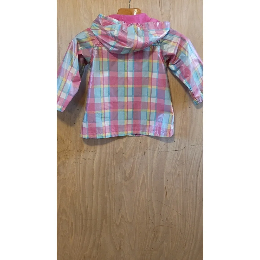 OshKosh Bgosh Girls Pastel Plaid Hooded Raincoat Retro Preppy Style Size 5